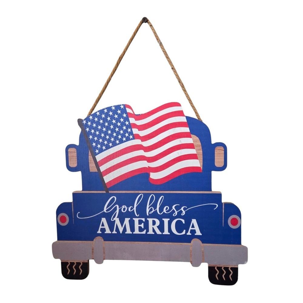 Farmhouse Blue Truck Wooden Wall Hanging Patriotic Decor God Bless‎ America